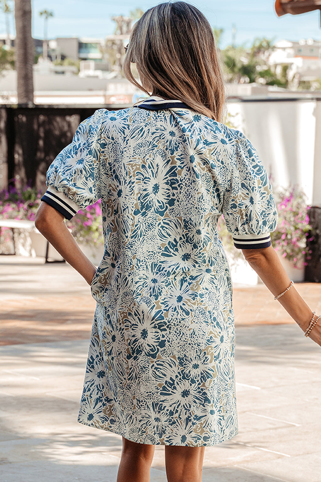 Blue Floral Print Striped Webbing Patchwork Collar Short Sleeve Mini Dress