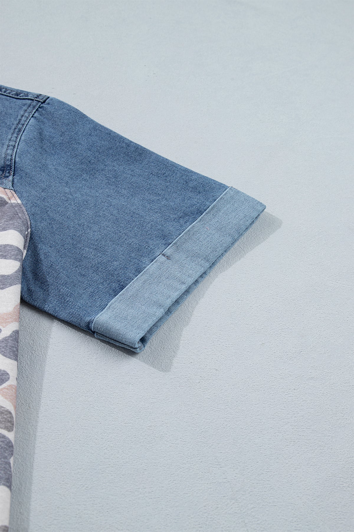Multicolour Camouflage Print Denim Color Block Sleeve Casual Tee