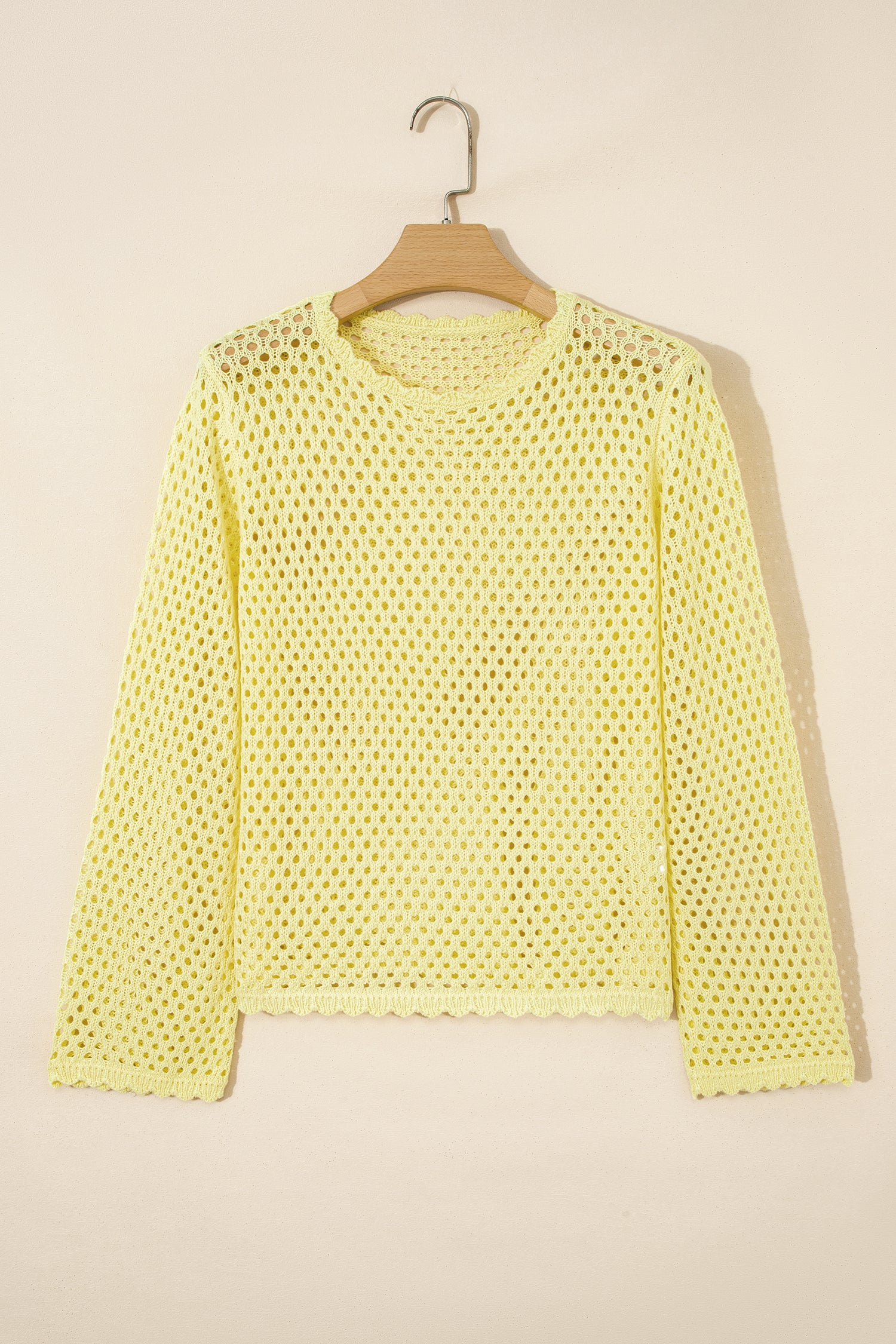 Yellow Cream Scalloped Trim Hollow Out Knit Long Sleeve Top