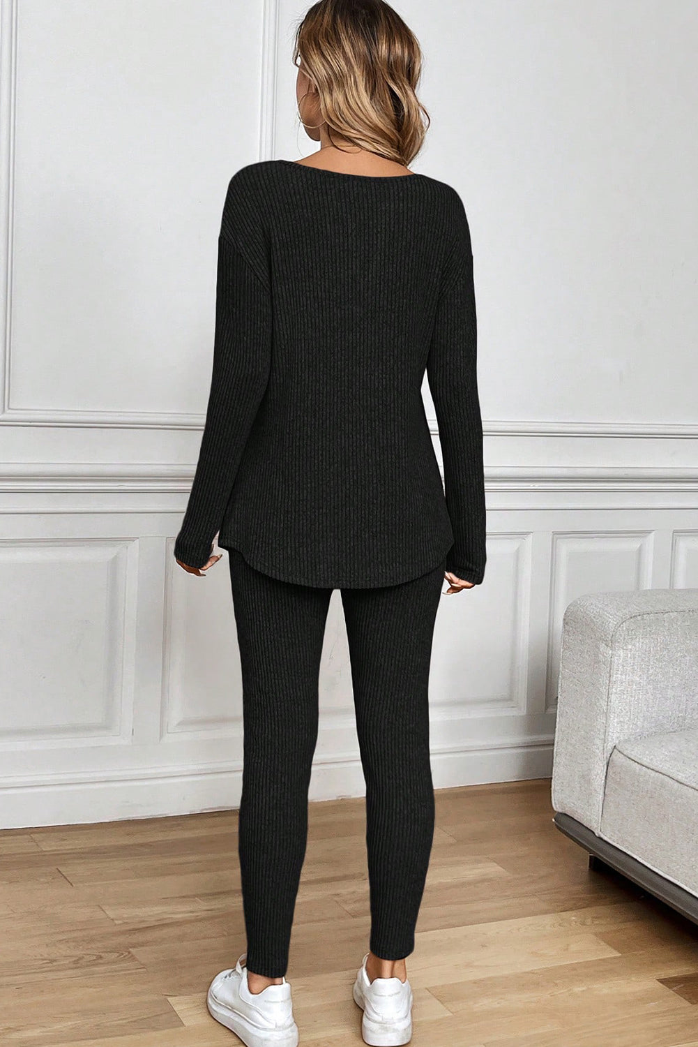 Racing Red Ribbed Notched Neck Knit Long Sleeve Leggings Two Pieces Lounge Set