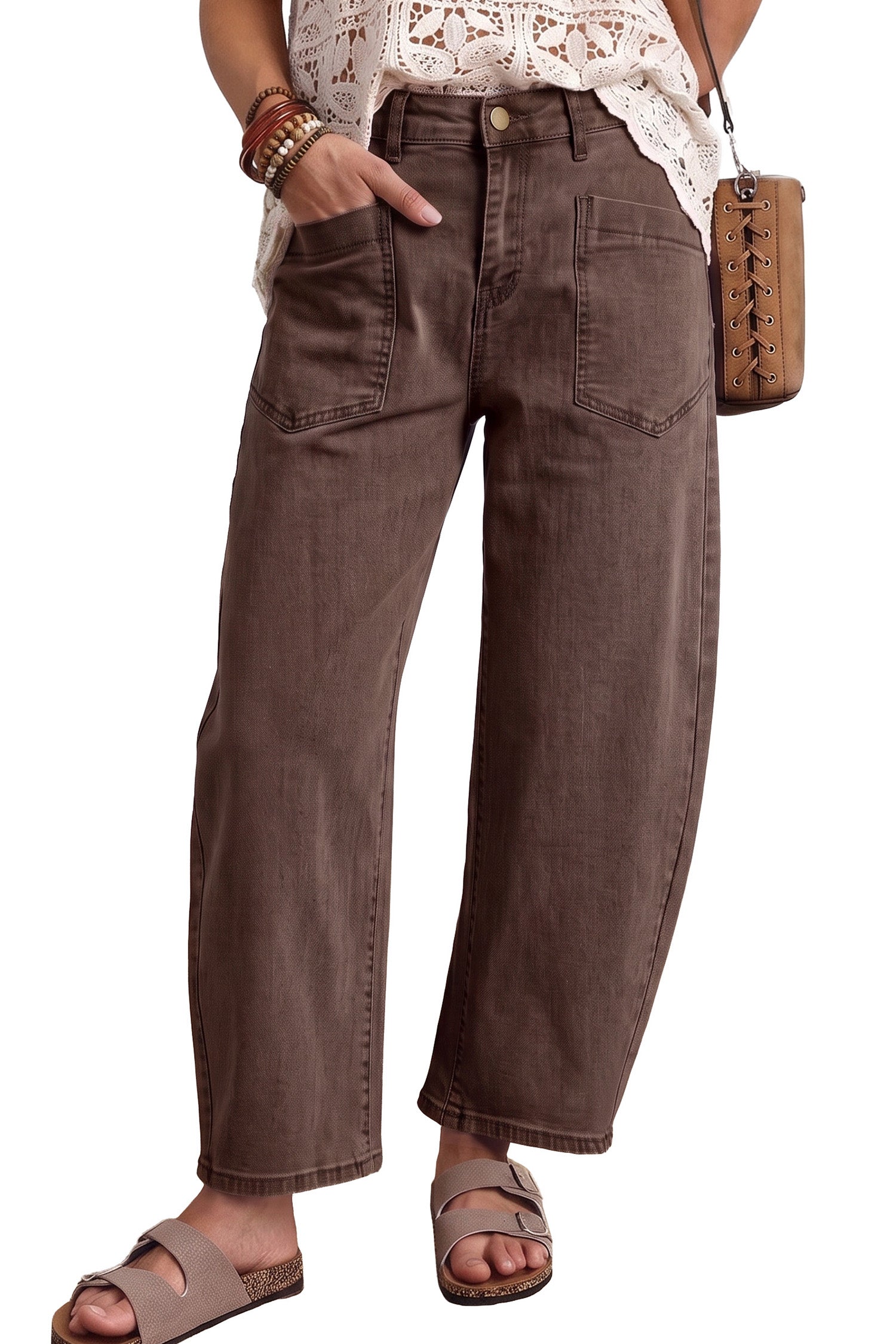 Coffee Solid Color Square Patch Pocket Ankle-length Barrel Jeans
