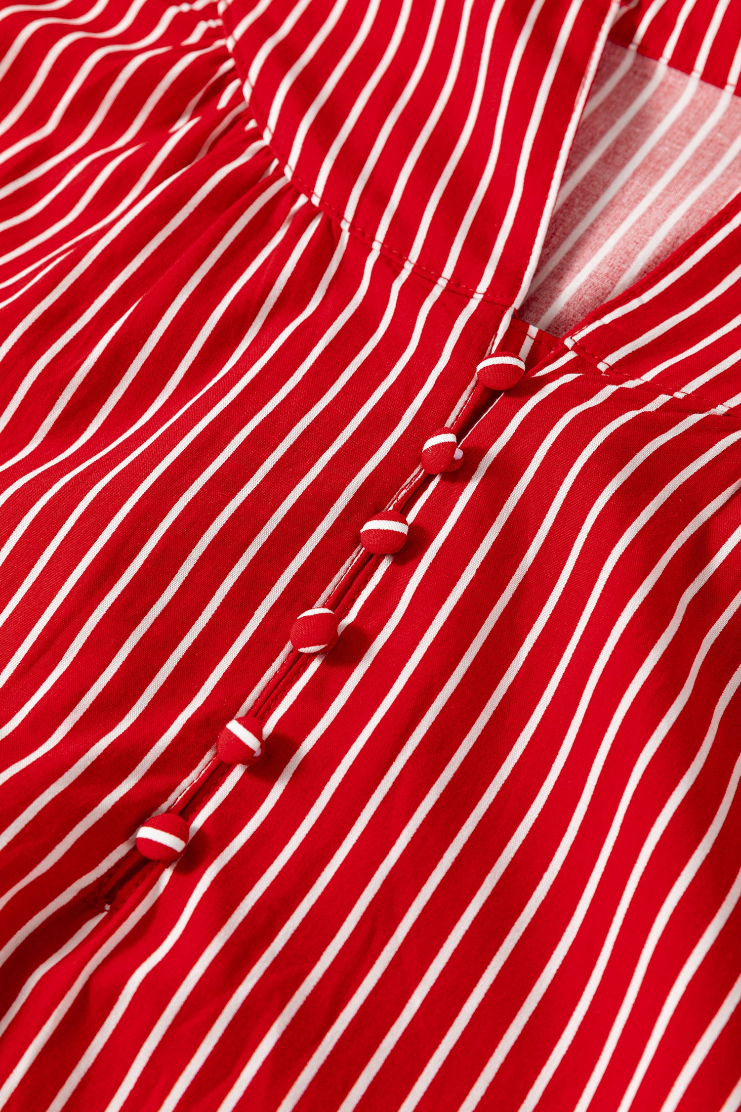 Red Stripe Ruffled Short Puff Sleeve Button Front Blouse