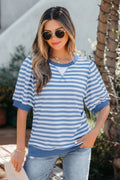 Sky Blue Stripe Short Bubble Sleeve T Shirt