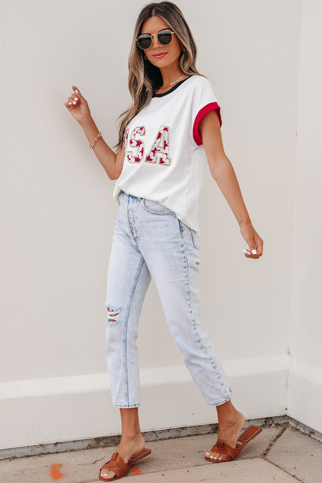White USA Sequin Color Block Trim Loose T Shirt