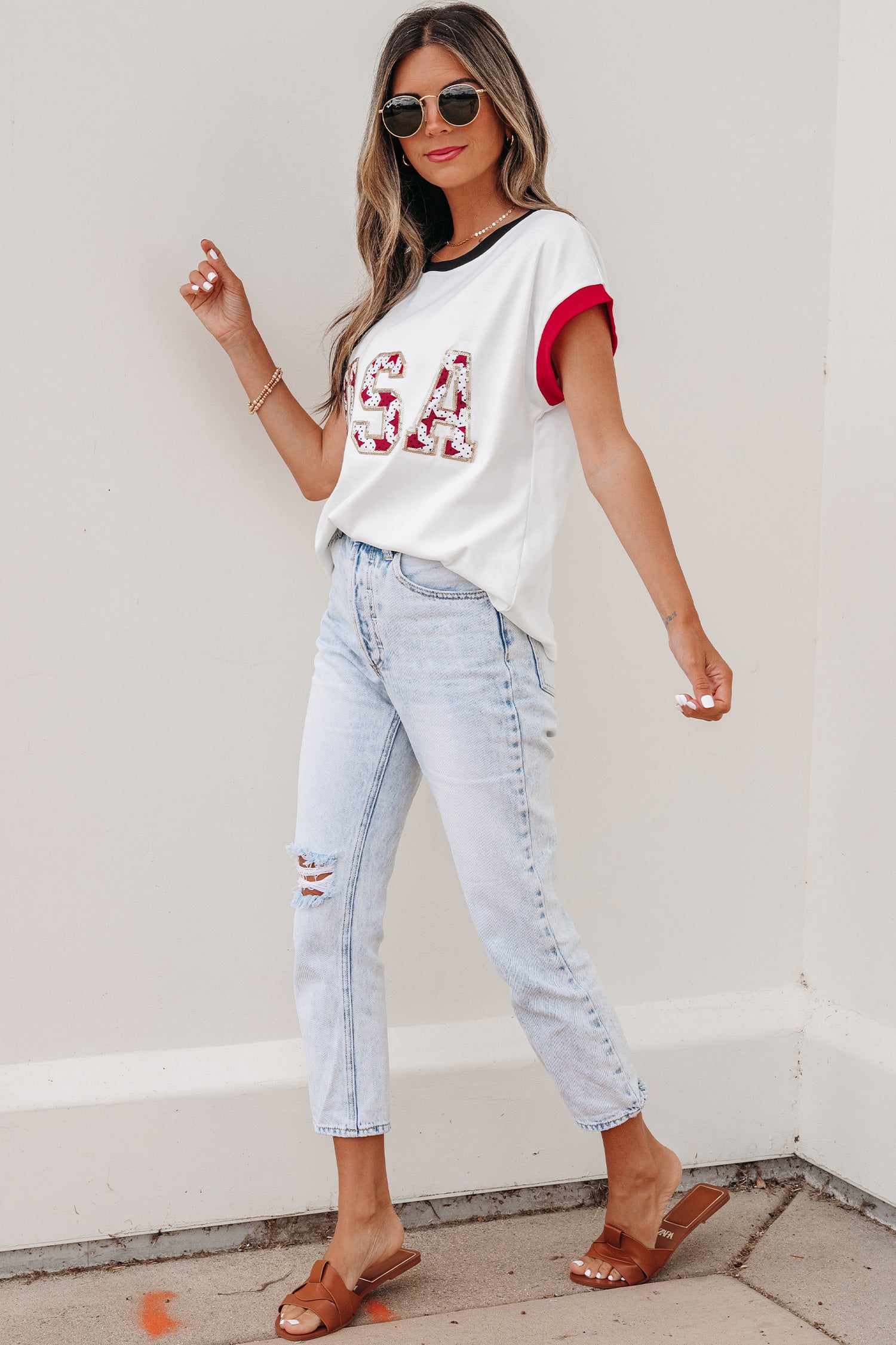 White USA Sequin Color Block Trim Loose T Shirt