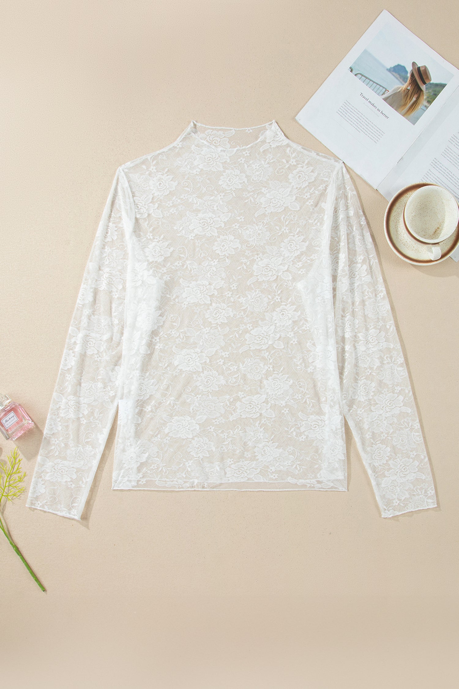 White Plus Size Floral Mesh Long Sleeve Top