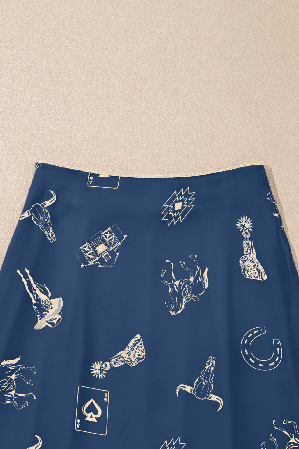Navy Blue Western Print Satin Long Skirt