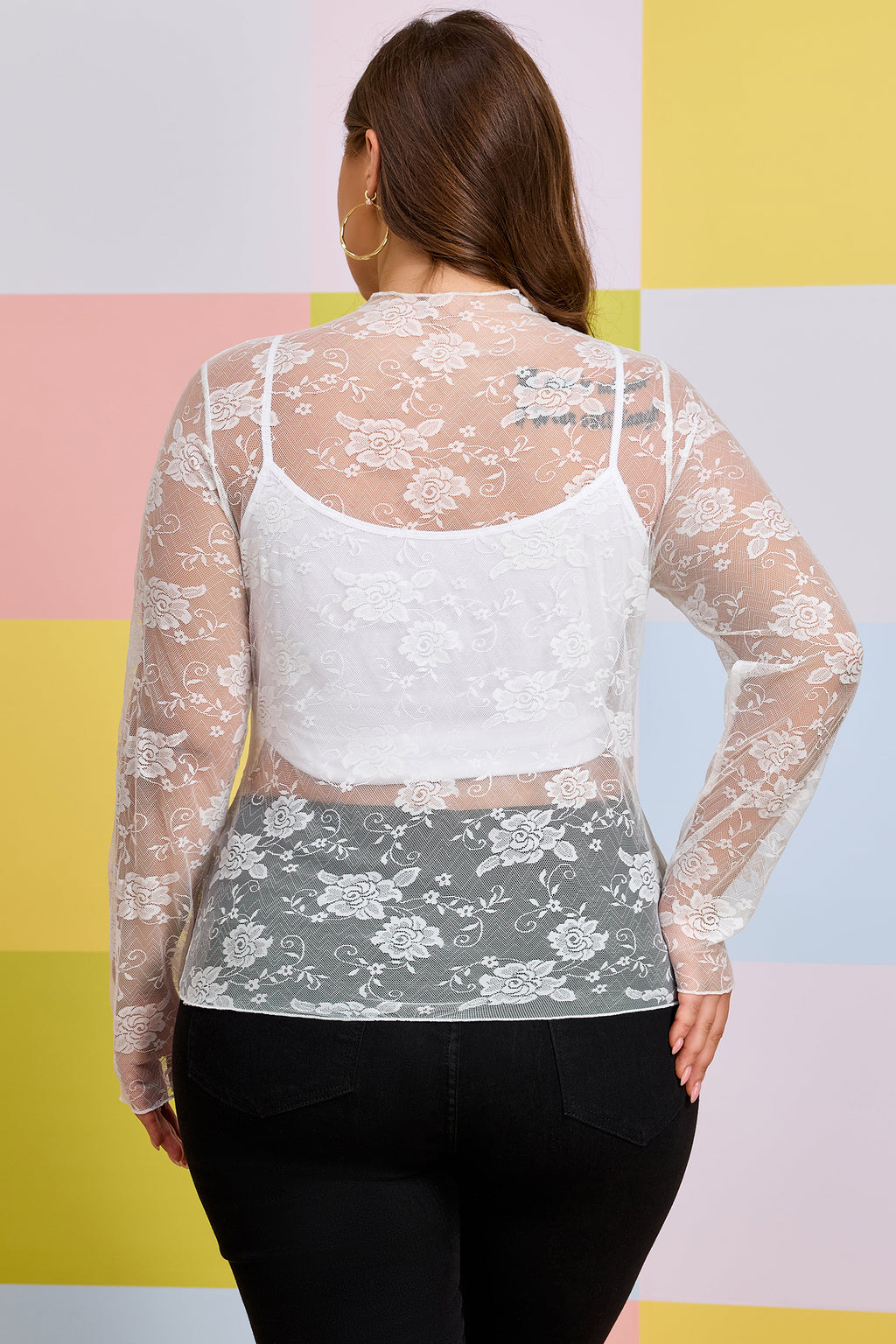 White Plus Size Floral Mesh Long Sleeve Top