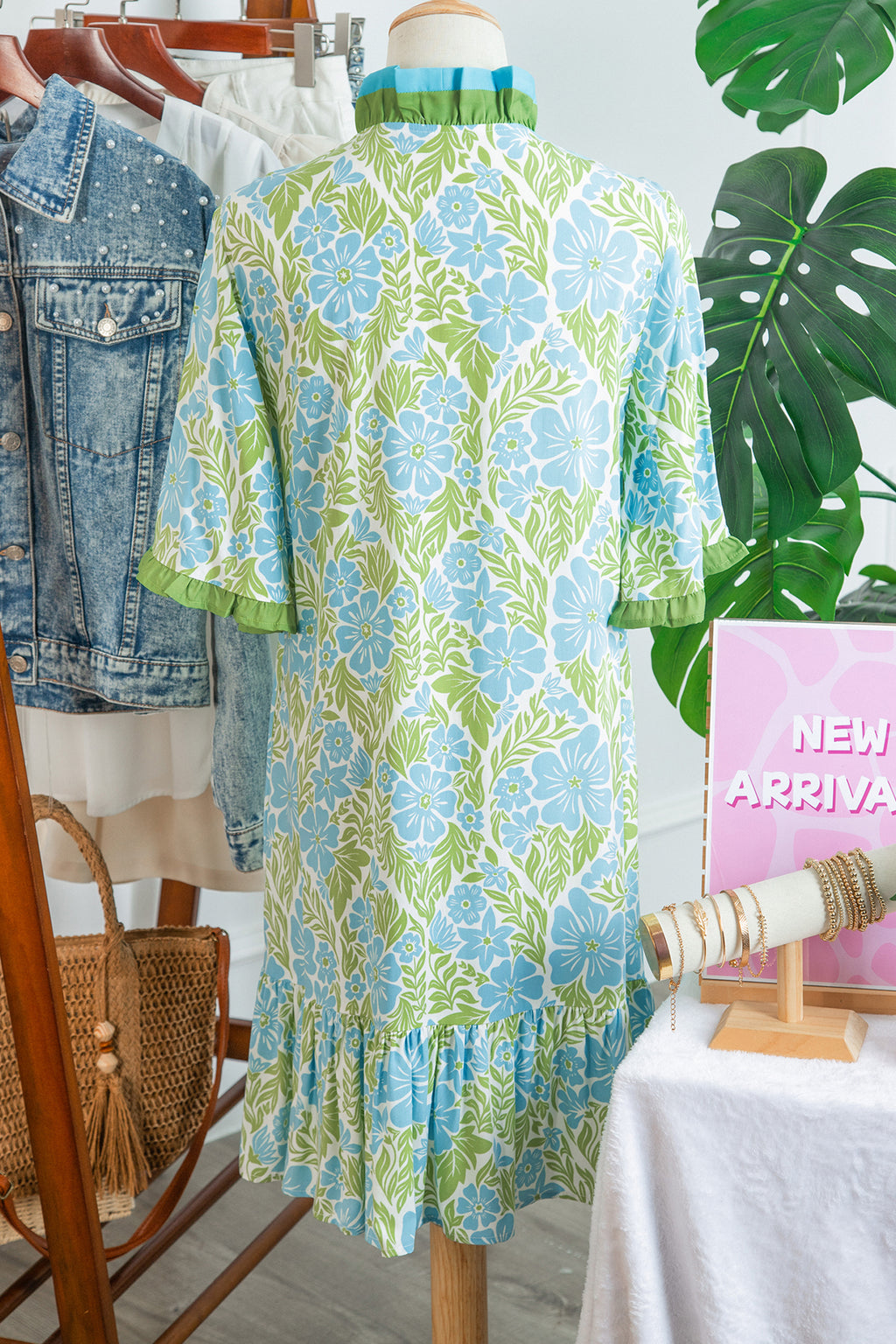 Sky Blue Botanical Floral Print Frilled Trim V Neck Button Front Loose Dress