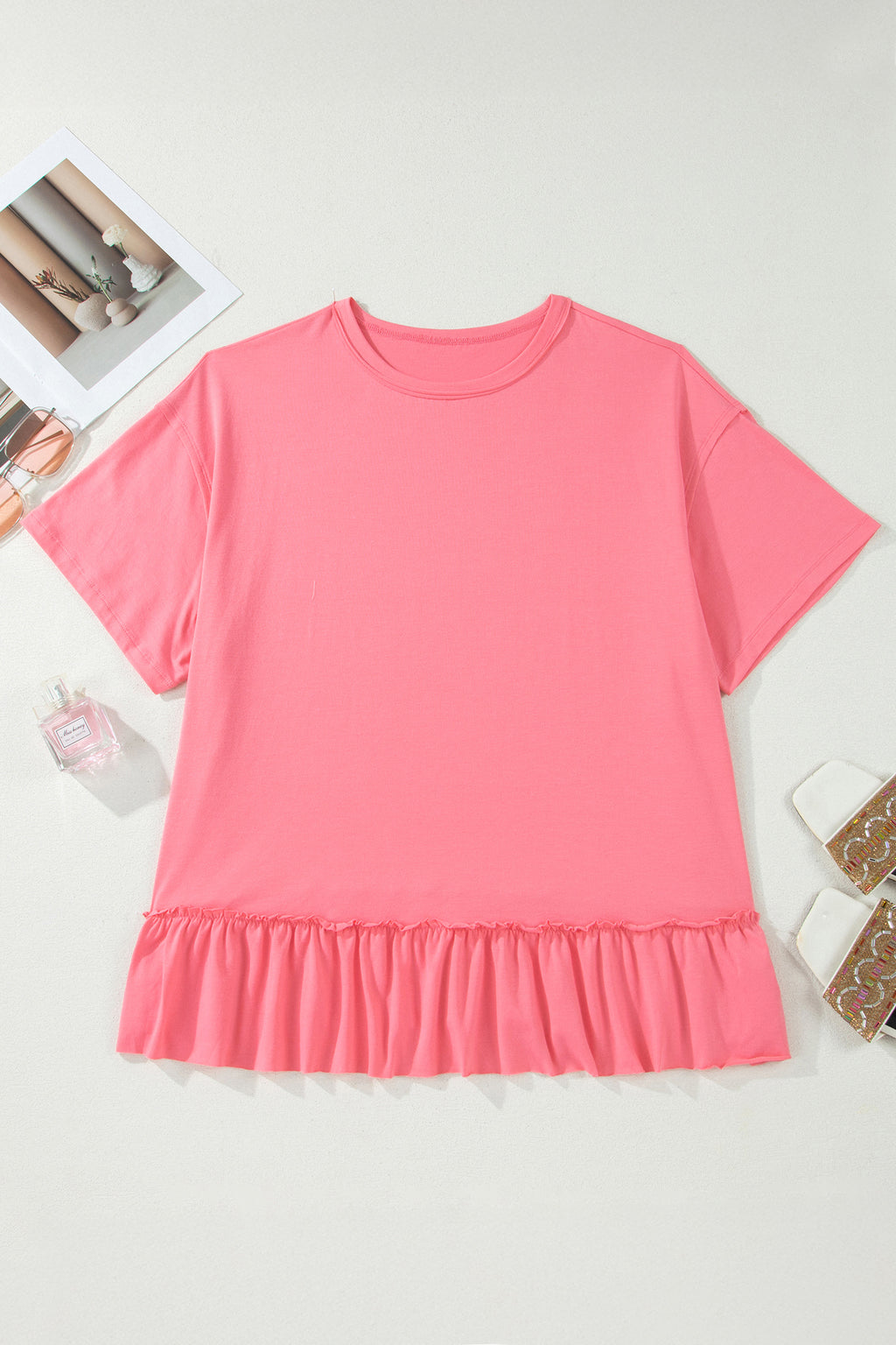 Peach Blossom Solid Color Raw Seam Detail Ruffle Hem Plus Size T Shirt