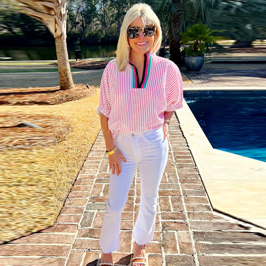 Color-block V Neck Pullover Top For Women