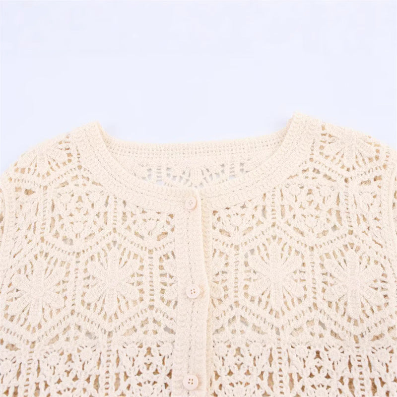 European And American Style French Style New Round Neck Long Sleeve Hollow Wave Hem Knitted Cardigan