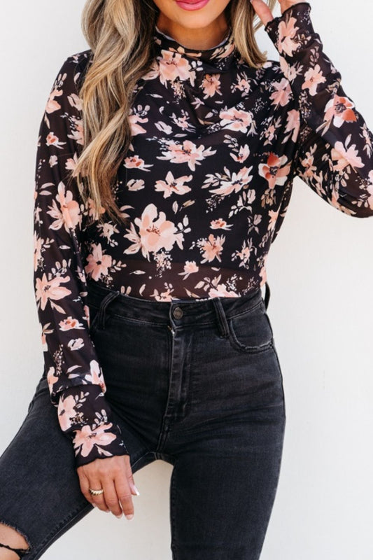 Floral Mock Neck Long Sleeve Blouse