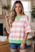 Pink Stripe Exposed Seam Ribbed Patchwork Oversized Tee