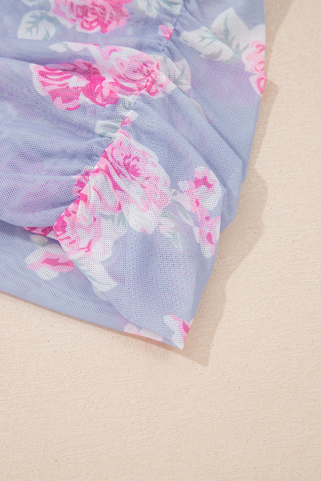 Sky Blue Square Neck Cap Sleeve Ruched Floral Mesh Top