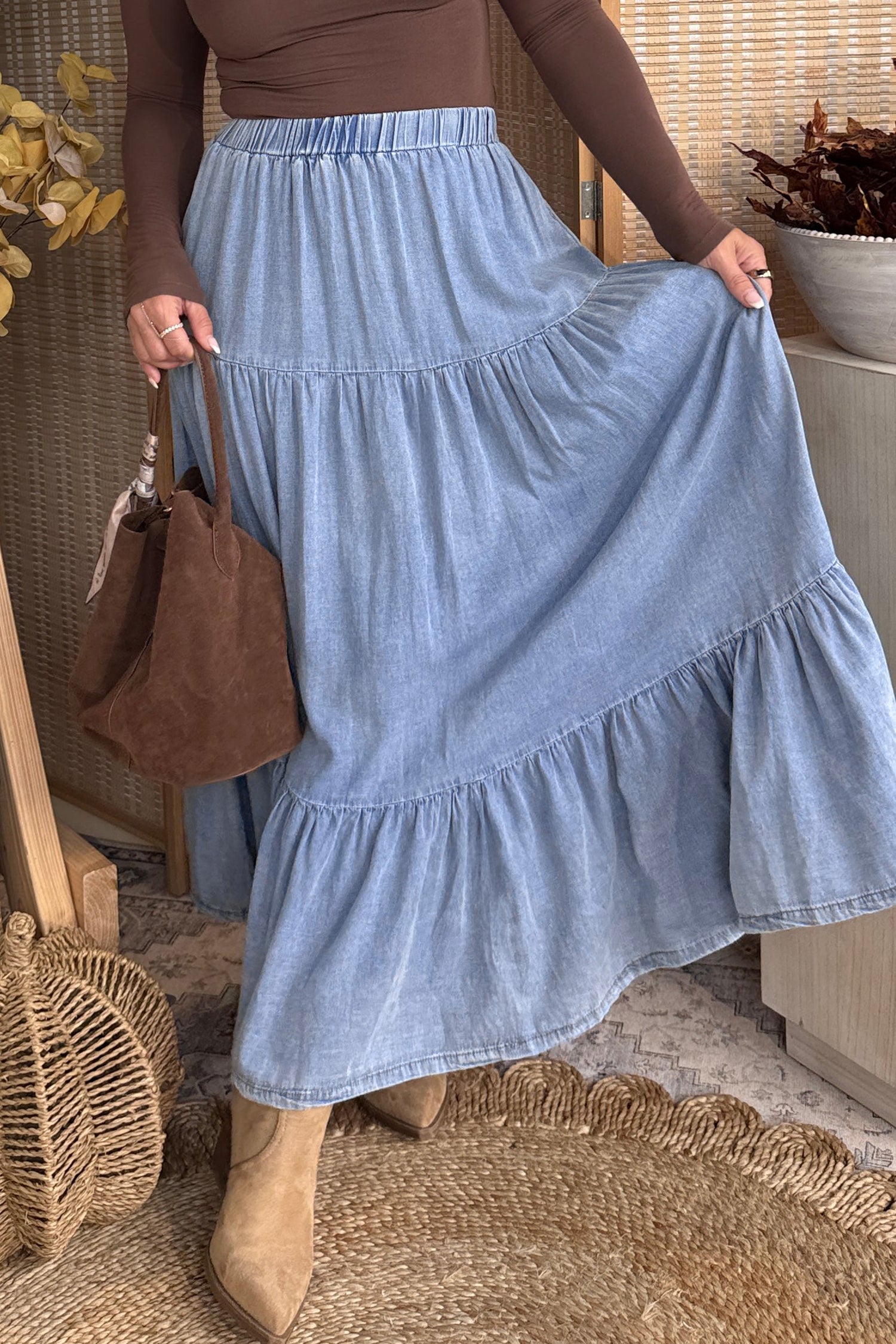 Beau Blue Elastic Waist Ruffled Tiered Flared Denim Maxi Skirt