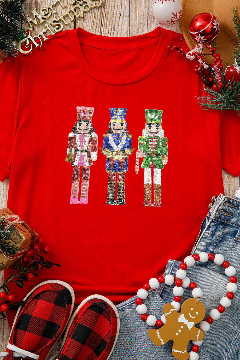 Red Sequined Christmas Nutcracker-man Graphic Cuffed Short Sleeve T Shirt