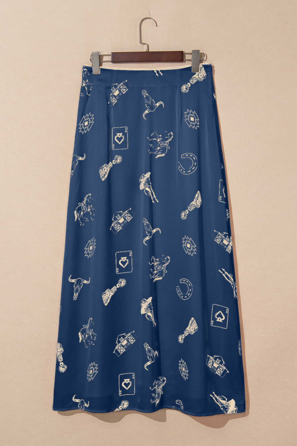 Navy Blue Western Print Satin Long Skirt