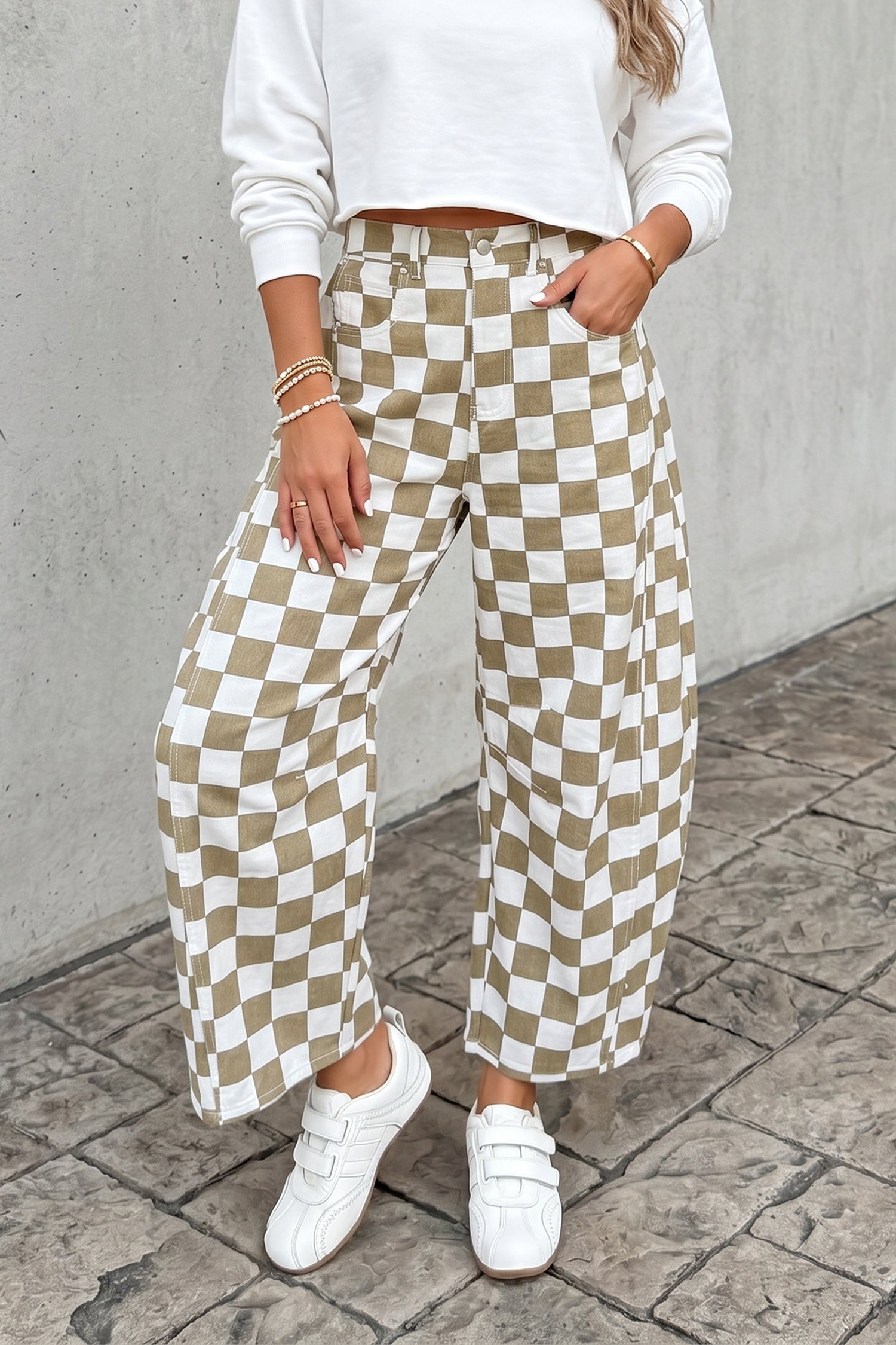 White Checkered Print Denim Barrel Pants