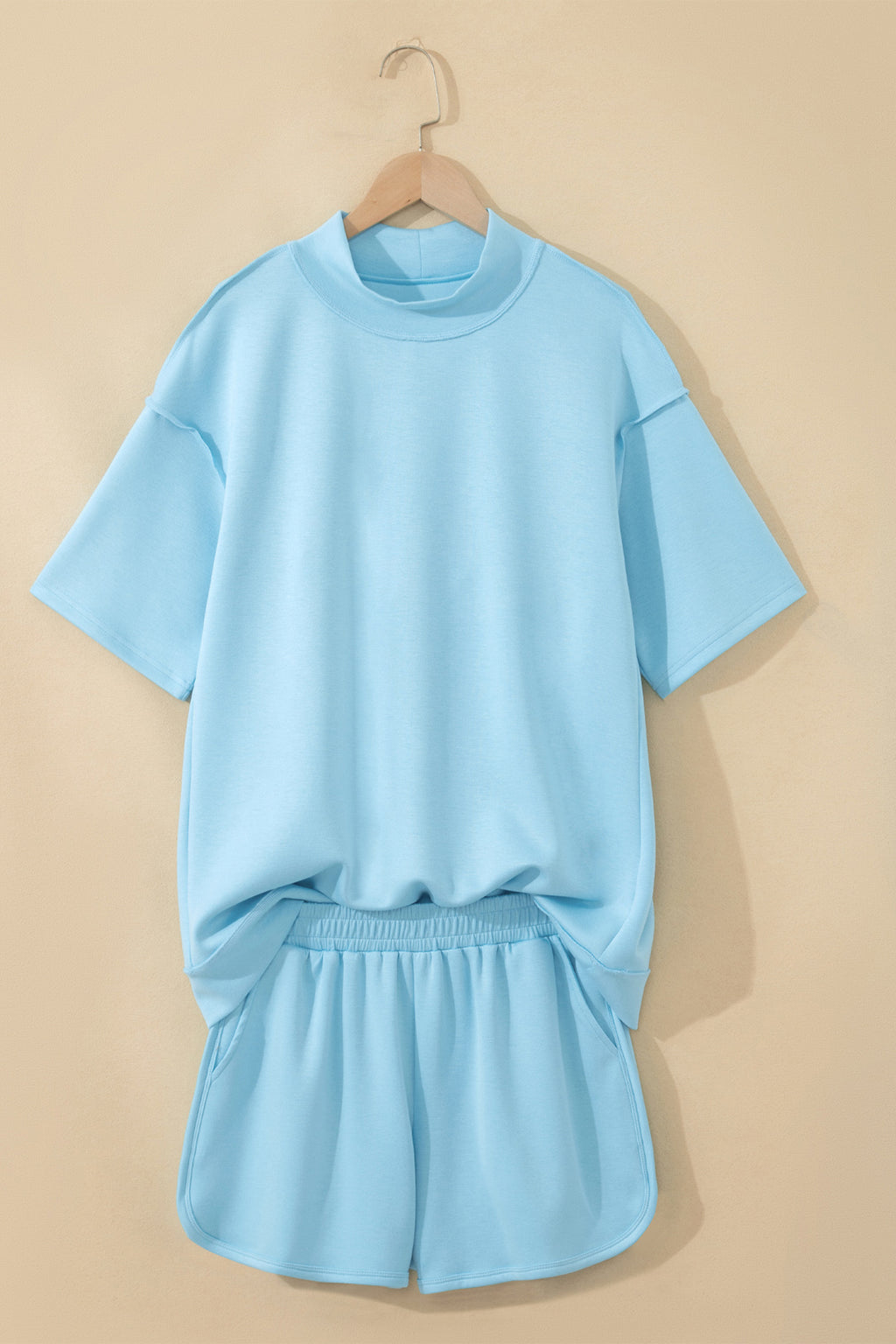 Mist Blue Solid Color Exposed Seam Mock Neck Oversize Tee Casual Shorts 2pcs Outfit
