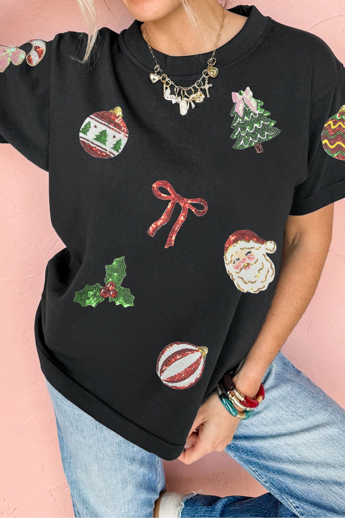 Black Multi Christmas Element Sequin Patched Graphic Tee