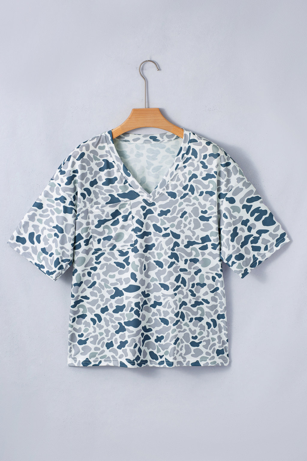 Gray Camouflage Print Single Chest Pocket V Neck Tee