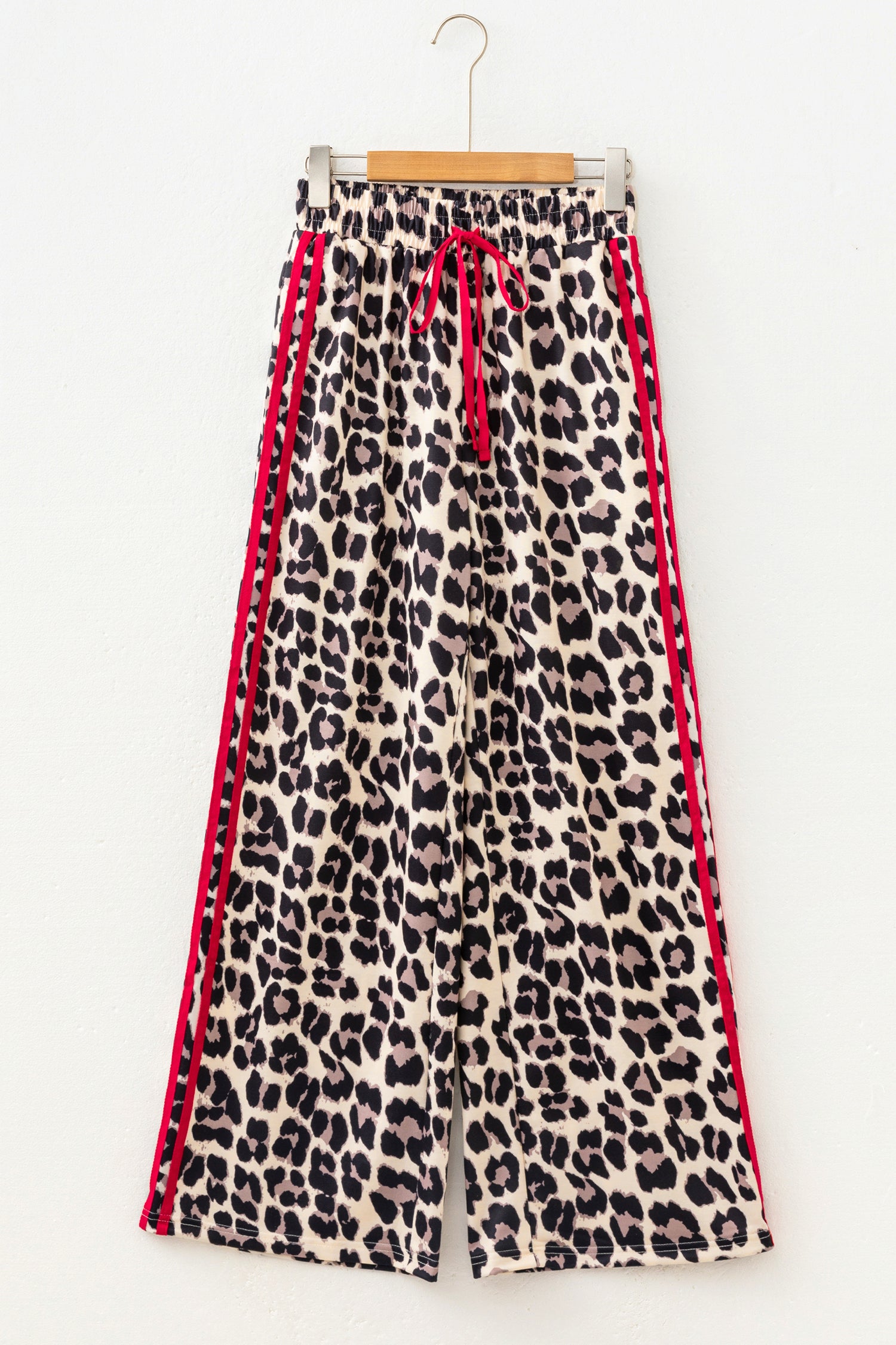 Rose Contrast Detail Tie Waist Leopard Print Casual Pants