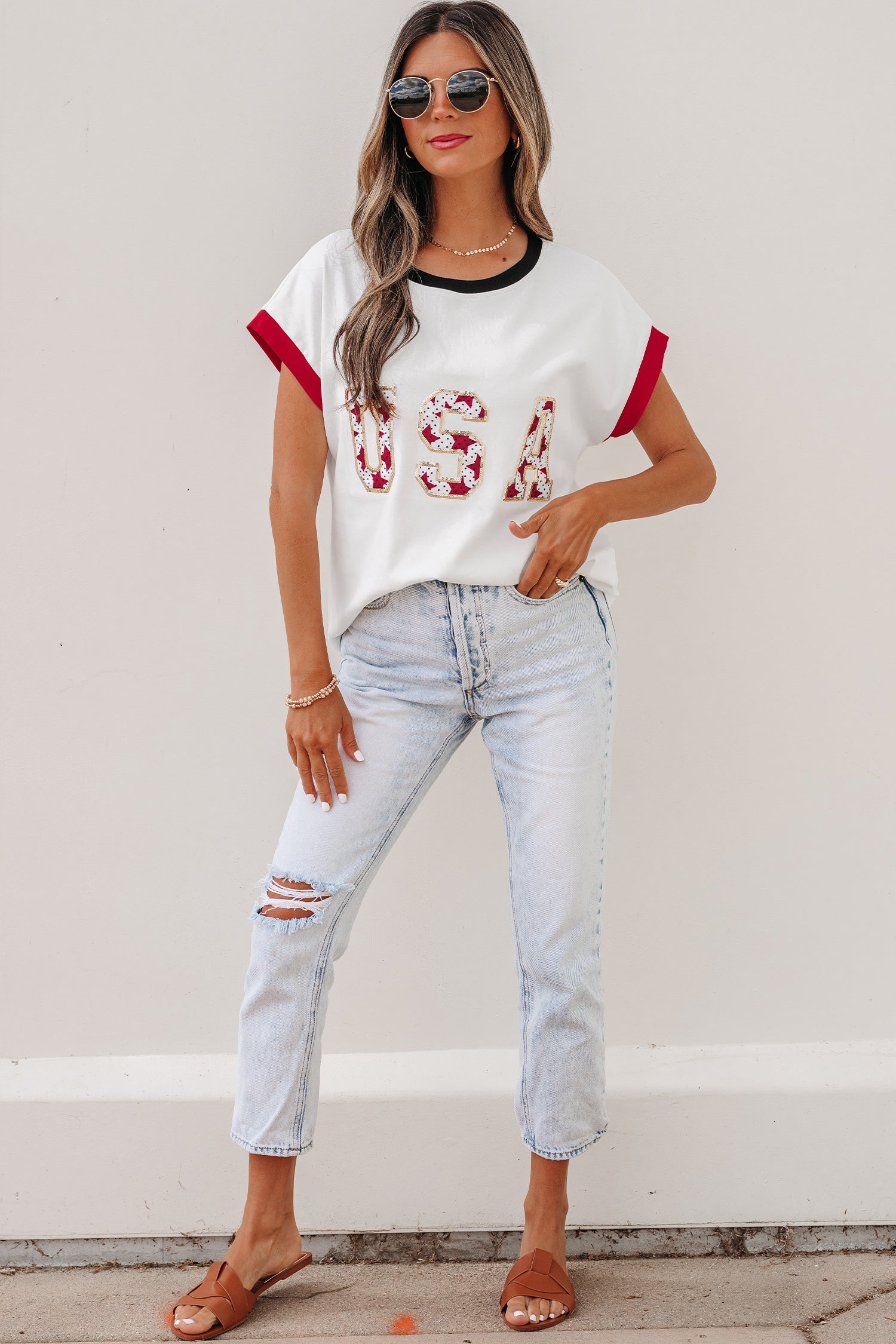 White USA Sequin Color Block Trim Loose T Shirt