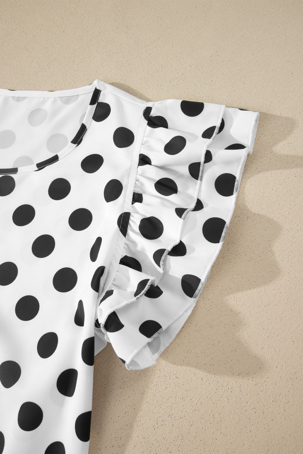 White Polka Dot Print Ruffled Short Sleeve Blouse