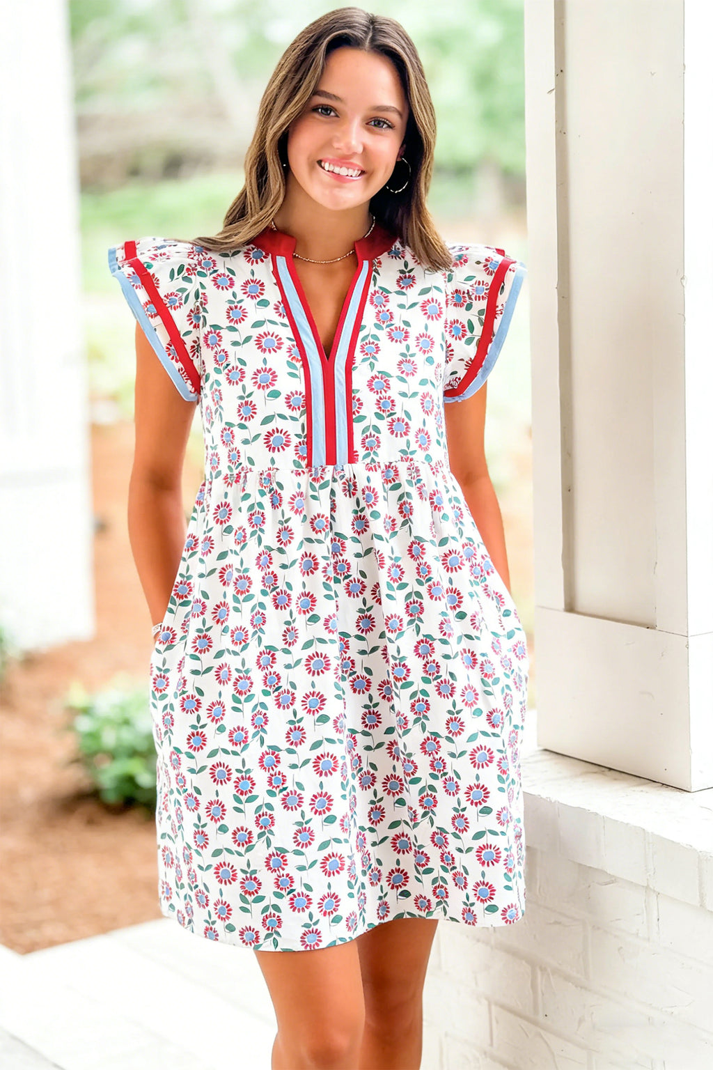 Red Floral Print Contrast Trim Flutter Sleeve Mini Dress