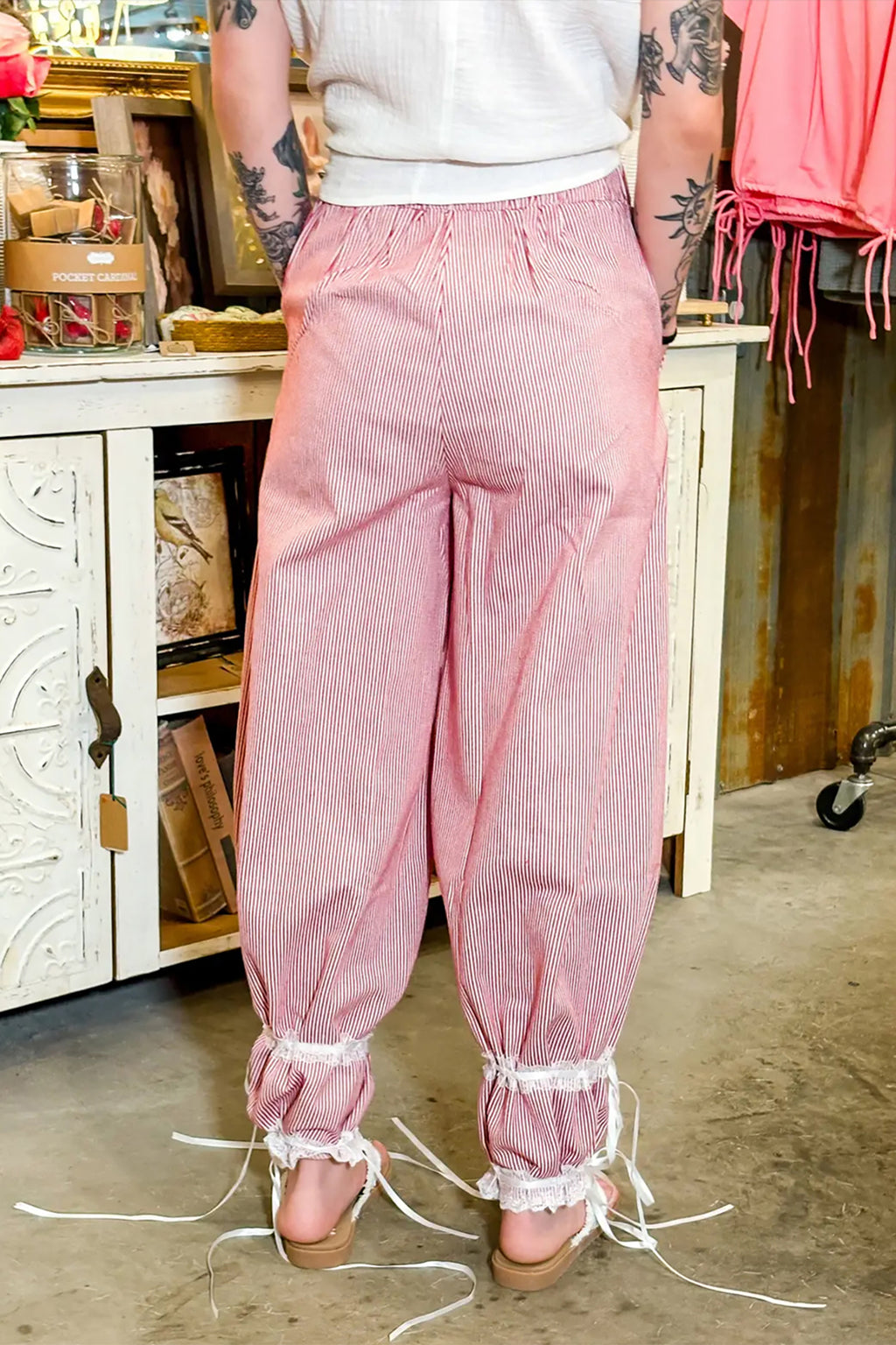 Red Stripe Contrast Lace Ribbon Tie Detail Wide Leg Pants