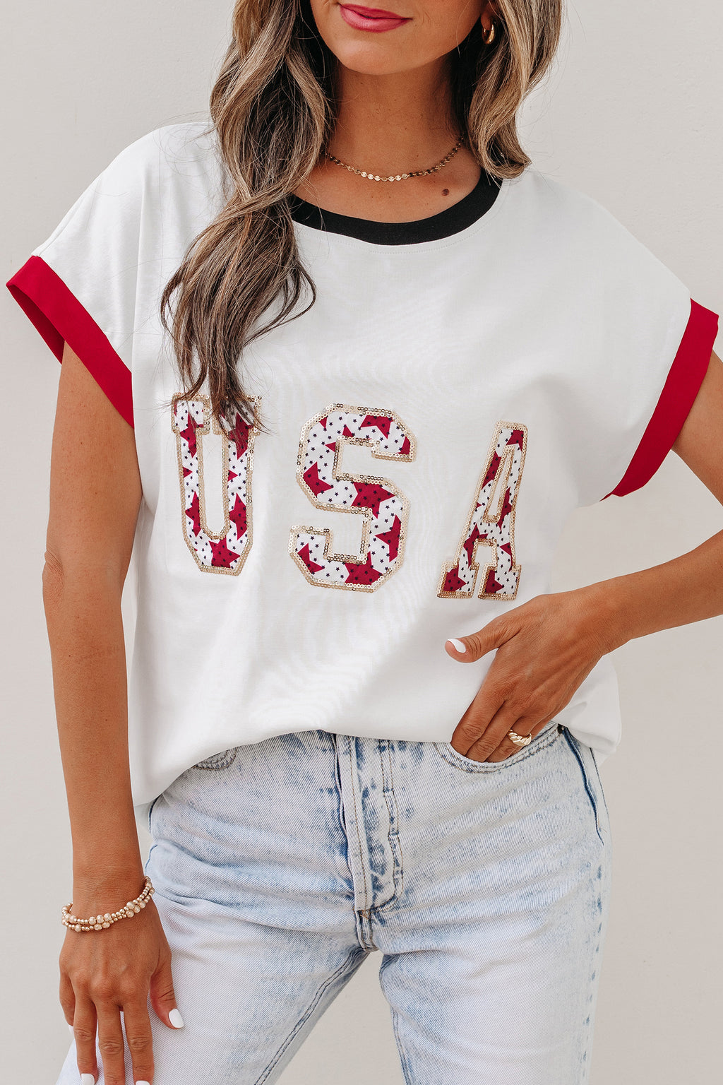 White USA Sequin Color Block Trim Loose T Shirt