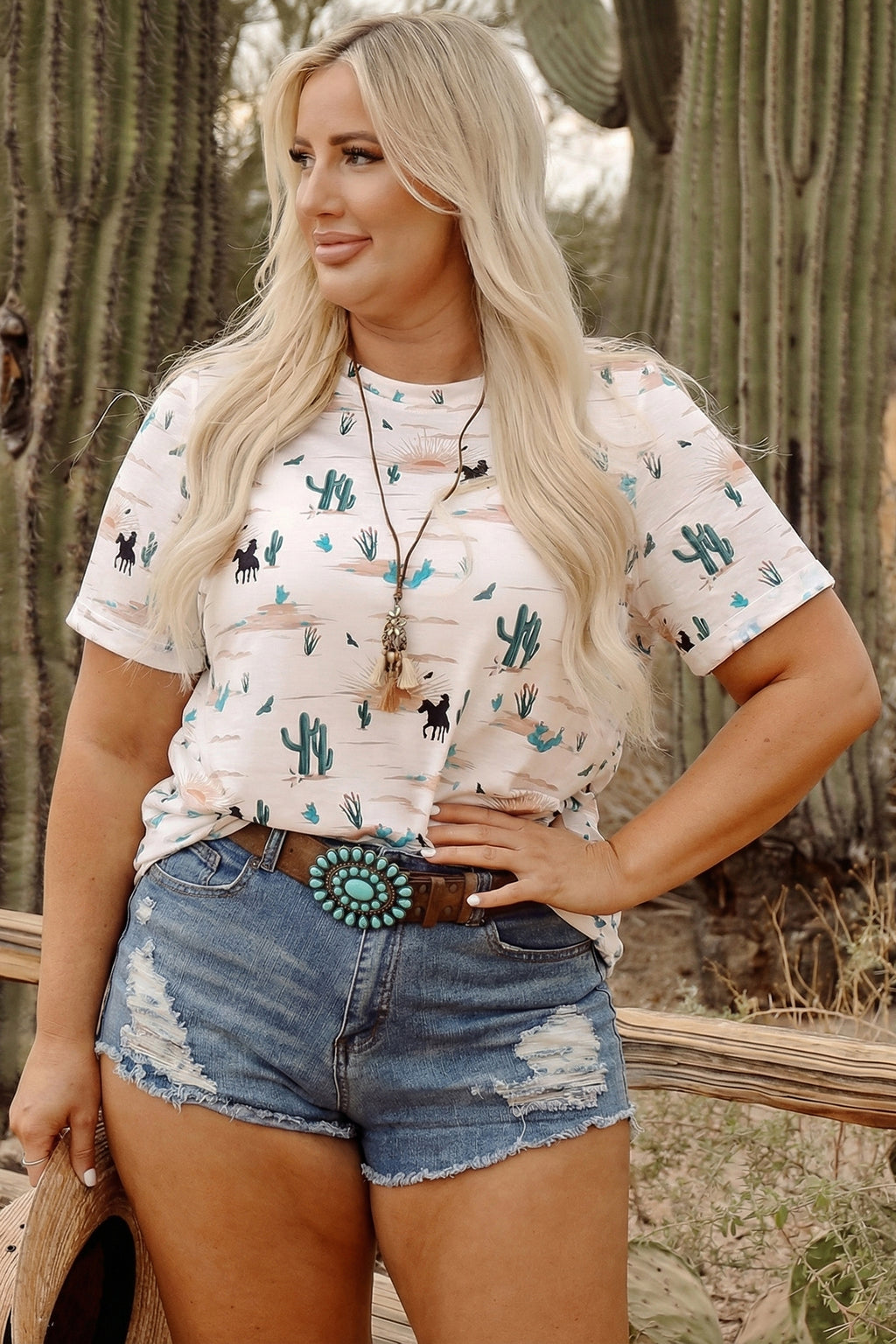 Beige Plus Size Western Print Dropped Shoulder Tee