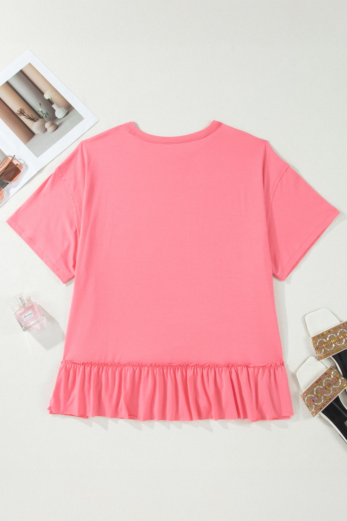 Peach Blossom Solid Color Raw Seam Detail Ruffle Hem Plus Size T Shirt