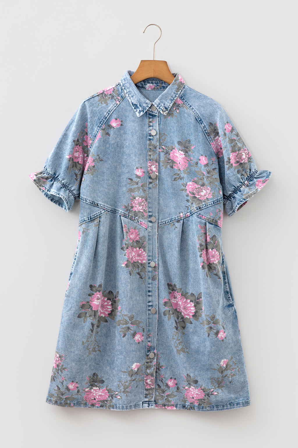 Sky Blue Floral Print Denim Short Sleeve Button Down Dress