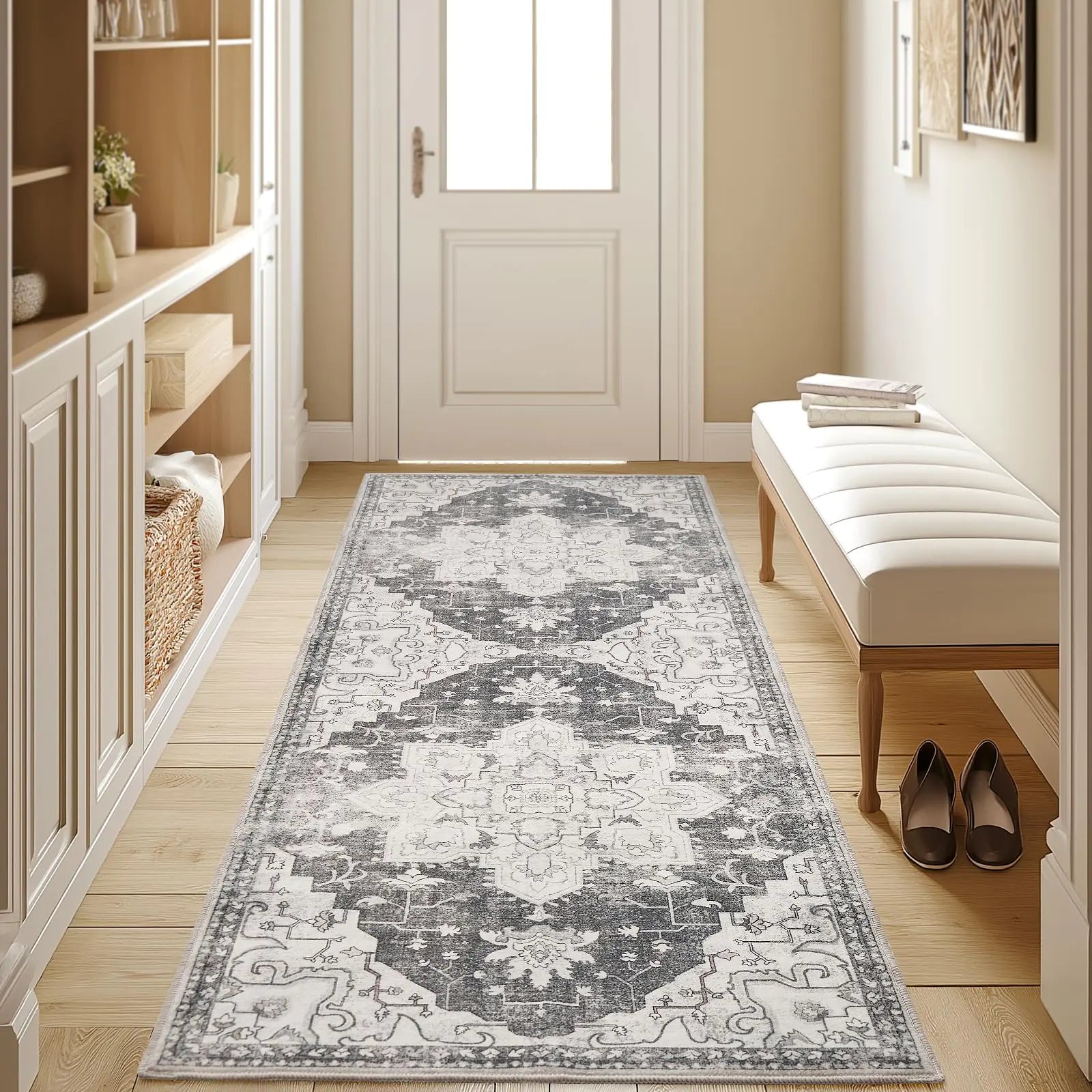 Puremy 2x5 Runner Rug Washable Hallway Carpet Vintage Boho Kitchen Mat Non Slip Low Pile Floral Print Area Rugs for Porch Bedroom Living Room Home Decor Grey