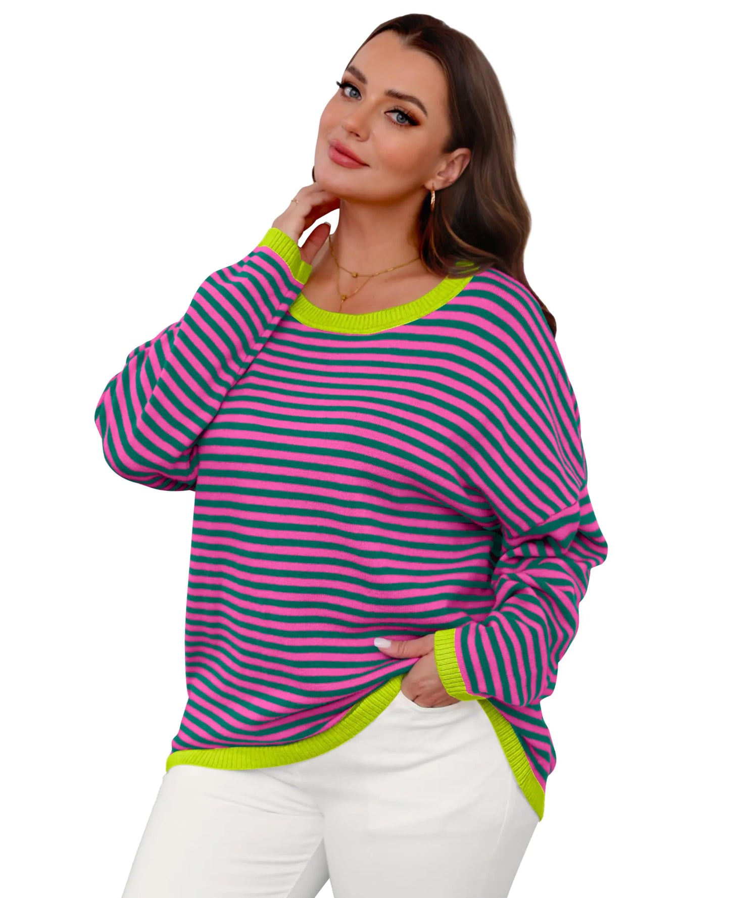 WIHOLL Womens Sweaters Dressy Casual Long Sleeve Tops Round Neck Striped Fashion Large Pink Green Striped With Grass