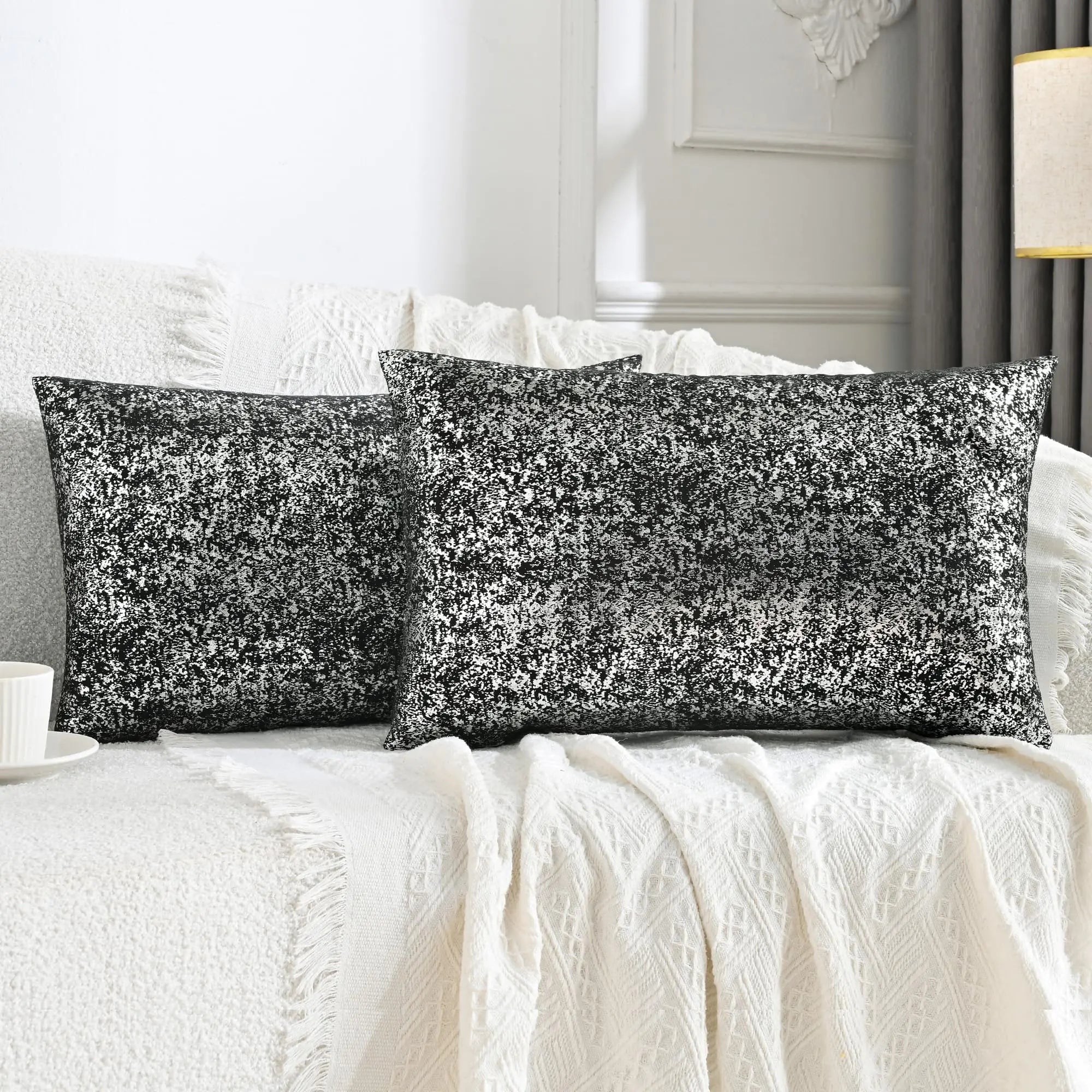 JELLYMONI Sparkling Decorative Pillow Covers Set of 2 Sliver Glitter Throw Pillows Cover 12x20in Inch for Living Room Bed Sofa Couch Morden Home Luxury Decor(12x20inSliver Black)