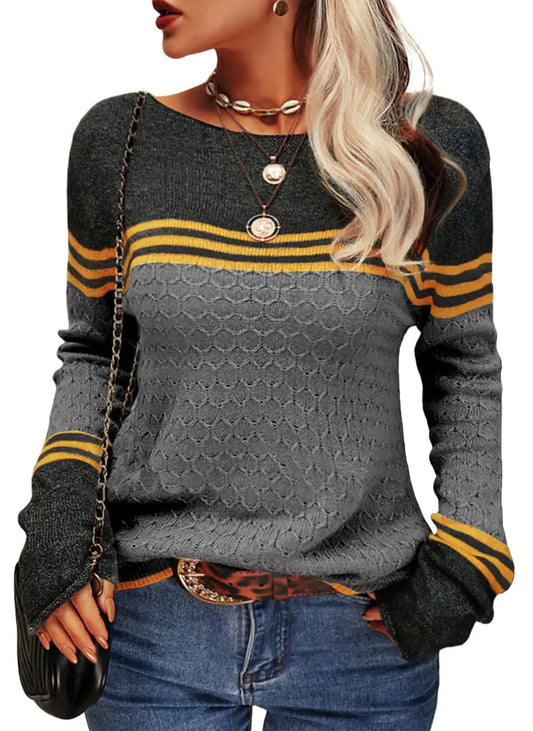 Danedvi Women Autumn Winter Colorblock Pullover Sweaters Round Neck Striped Slim Fitting Knitwear Tops Black Large