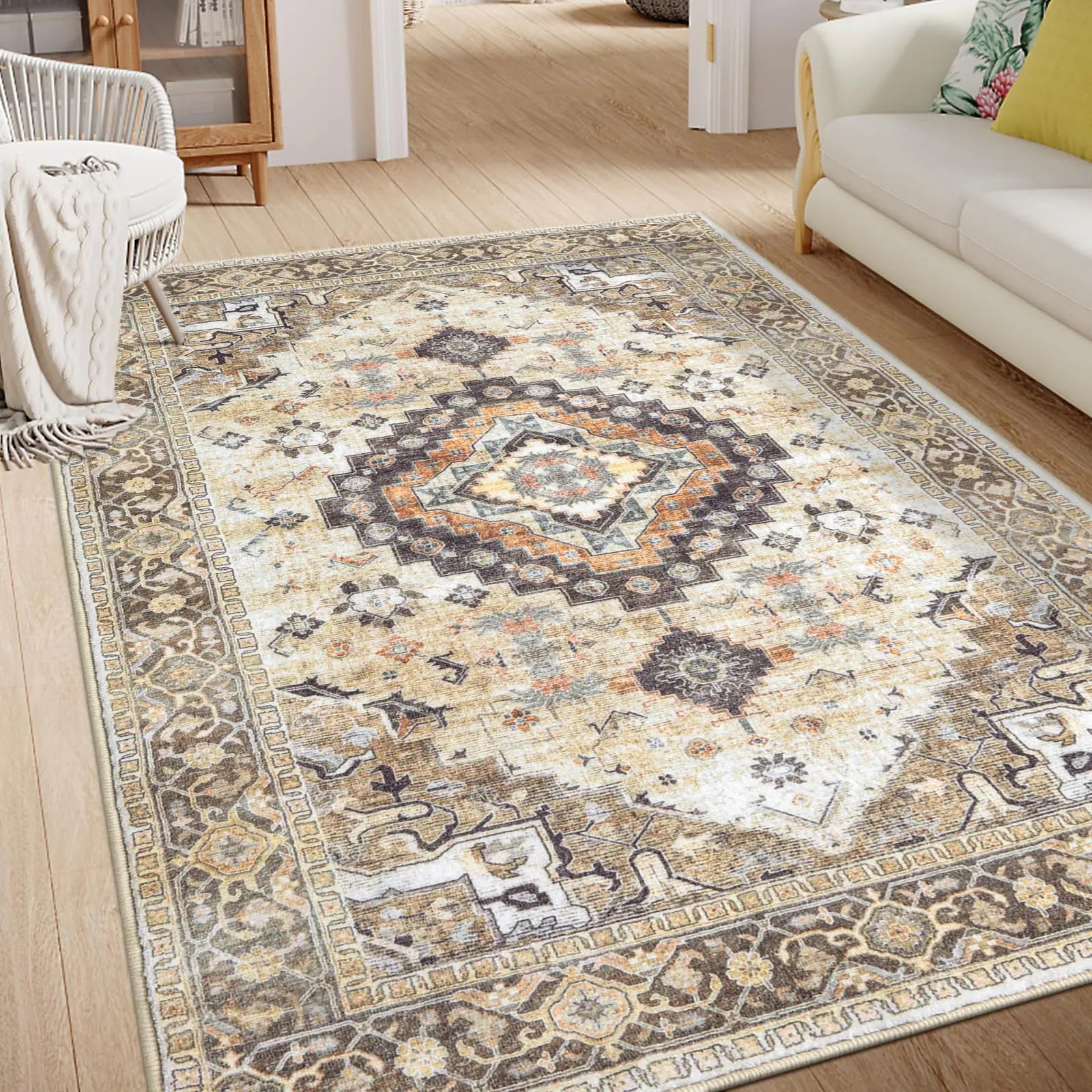 Smiry Area Rugs for Living Room Bedroom Machine Washable 4x6 Vintage Rugs Soft Plush Bedside Rug Floor Carpet for Farmhouse Nursery Kitchen Laundry Retro Home Decor Beige