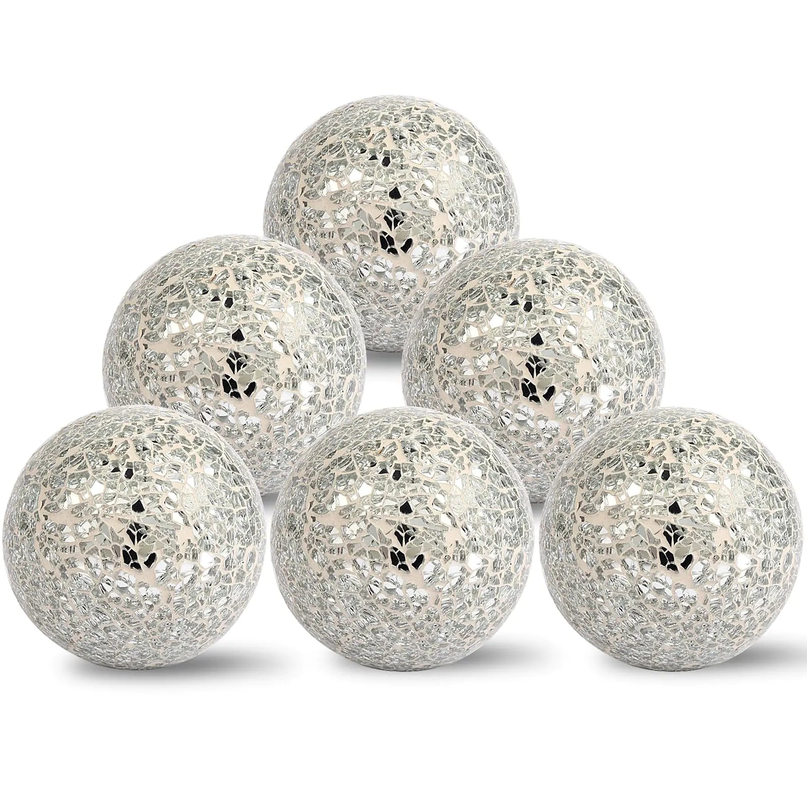 Hiziwimi 6Pcs Decorative Ball for Bowls 8cm/3.15inch Mosaic Glass Centerpiece Decoration Balls Mirror Glass Ball Fillers for Home Decor (Sliver)