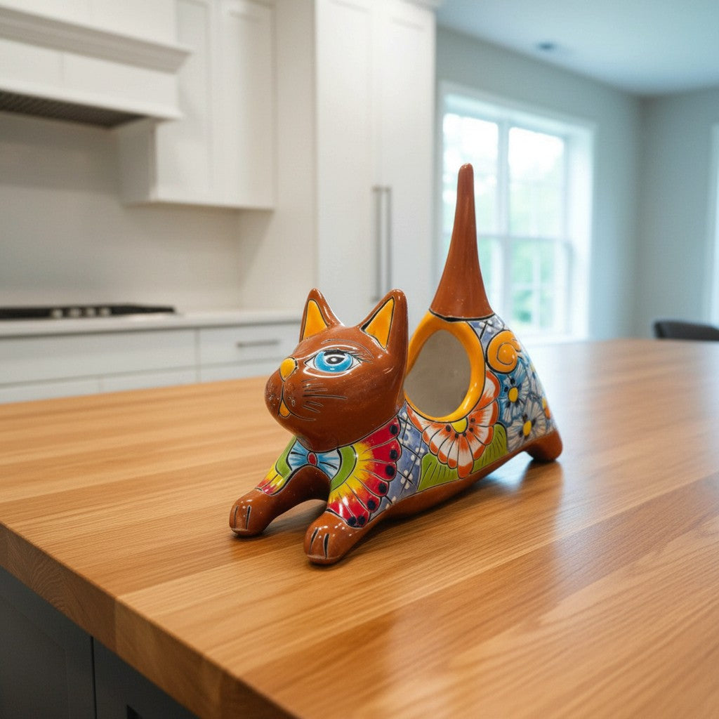 Talavera Cat Planter | Colorful Handcrafted Stretching Animal Pot