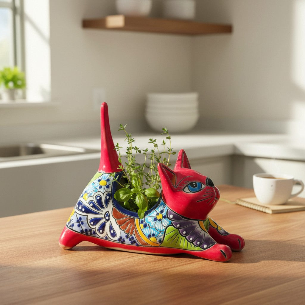 Talavera Cat Planter | Colorful Handcrafted Stretching Animal Pot