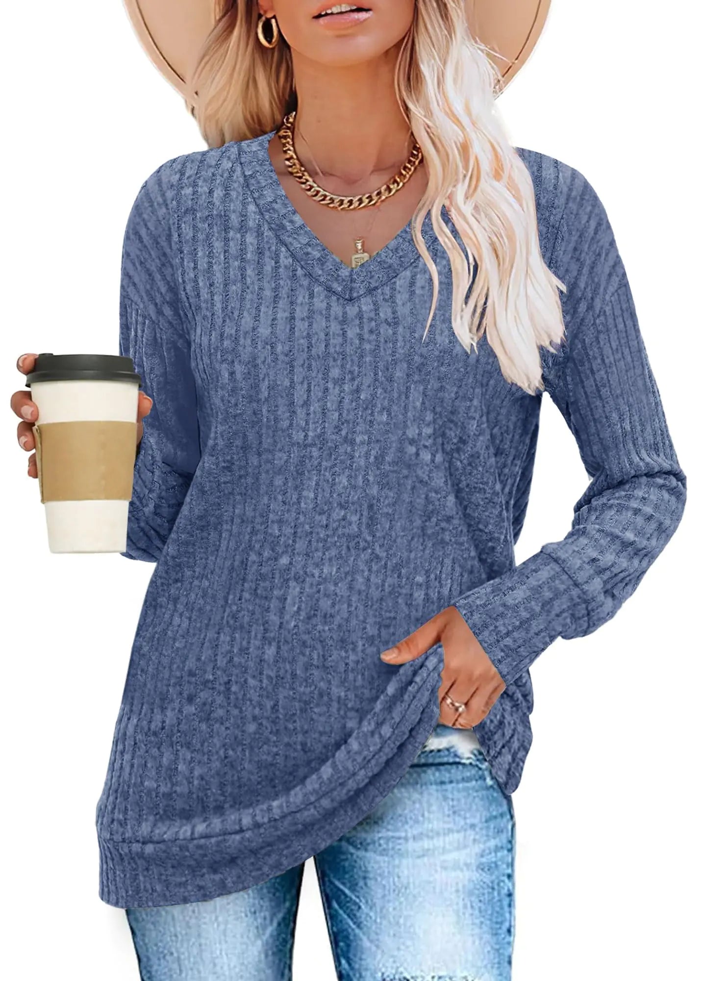 Womens V Neck Sweaters Lightweight Long Sleeve Tunic Tops Shirts Casual Sweatshirt Trendy Blue XX-Large